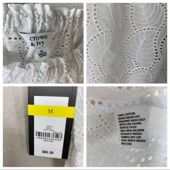 New Crown & Ivy White 3/4 Sleeve Woven Eyelet Top Bare Shoulders Size Medium - Picture 7 of 8